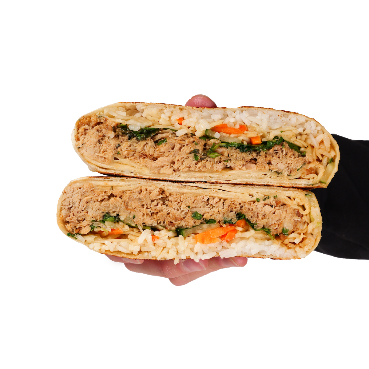 A hand is holding a delicious HippoPocket stuffed with pork, herbs, slaw, sesame pickles, yum yum & korean bbq sauce. A bahn mi with a hippo twiest.